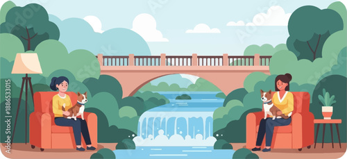 Relaxing with pets on armchairs by a scenic waterfall under a bridge