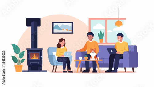 Relaxing scene of people working remotely with a dog and a fireplace