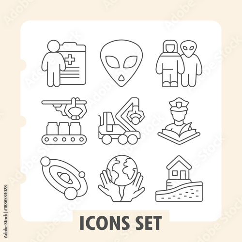 Set of nine thin line icons ideal for web and mobile applications. Covers medical, technology, family, education and global themes with modern design aesthetics.