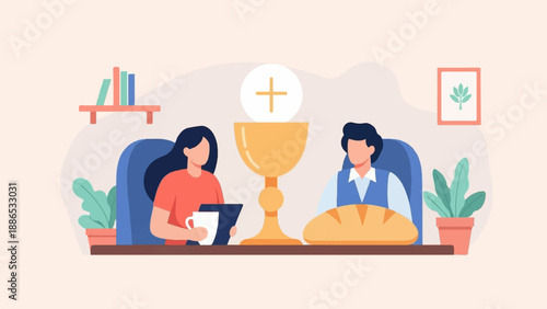Religious ceremony with communion elements and two attendees