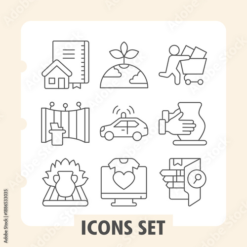Set of nine thin line icons depicting home, family, travel and daily life concepts ideal for web and mobile applications.