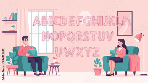 Relaxing room with alphabet neon signs and people using tablets