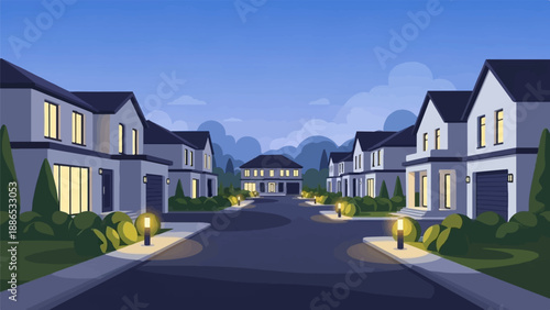 Pixelated suburban street at dusk, featuring houses with illuminated windows and streetlights