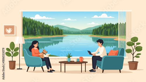 Relaxing indoors with a pet and tablet, overlooking a serene lake landscape