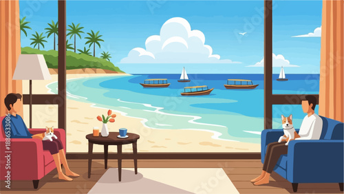 Relaxing indoors with a dog, watching the tropical ocean view with boats