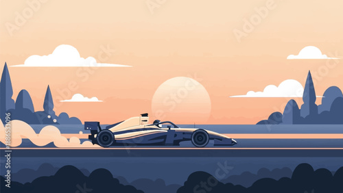 Pixelated racing car speeds across a flat landscape at sunset