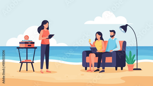 Relaxing beach scene with people using technology indoors and outdoors