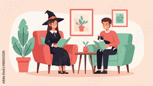 Relaxing at home with books, a witch and a cat