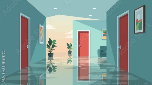 Pixelated interior hallway with red doors and flooded floor