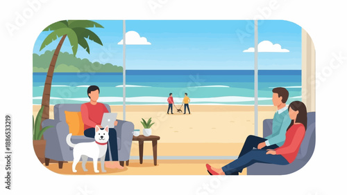 Relaxing by the ocean people and pets enjoy indoor comfort with beach views