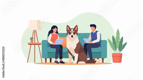 Relaxing at home with a dog, working on laptops