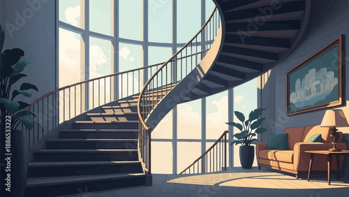 Pixelated interior with spiral staircase bathed in warm sunlight