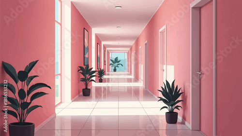Pixelated hallway with potted plants and natural light streaming in