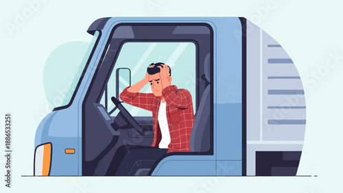 Stressed driver in a truck cabin holds head in hands