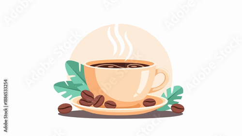 Steaming coffee in a cup with beans and leaves on a saucer