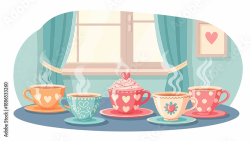 Steaming cups of tea arranged on a table by a window with teal curtains