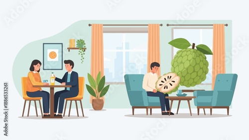 Relaxed indoor scene with a couple at a table, a man with fruit