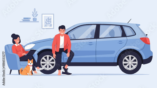 Relaxed family and dog with blue car in stylish living space