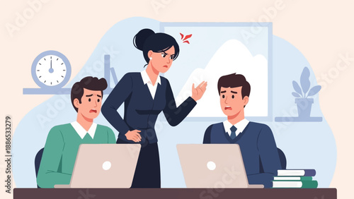 Stern manager scolding employees in an office setting