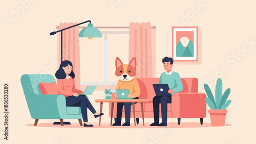 Relaxed people and dog working on laptops in a cozy living room setting