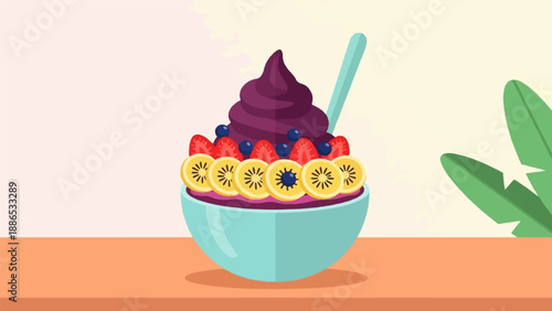 Refreshing purple smoothie bowl topped with vibrant fruits and kiwi slices