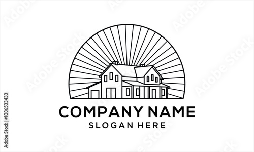 Monoline house logo design with sun rays in a half circle.