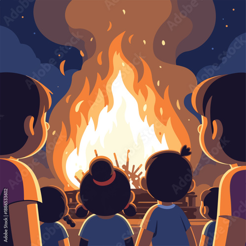 Illustration of people celebrating Holika Dahan in India with a large bonfire at night.