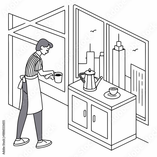 Vector illustration of daily routine making coffee at home. Minimalist line art style showing modern lifestyle, kitchen activity, and cozy home concept.