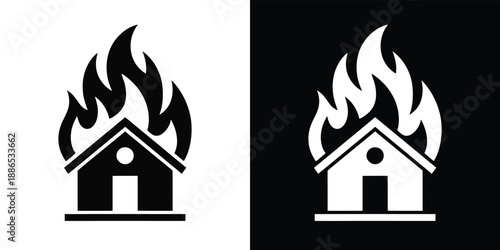 Burning house illustration depicted in black and white contrast showing a home on fire