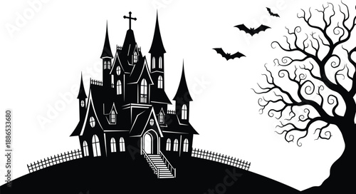 Scary Halloween haunted house silhouette with spooky gothic castle on hill, bats flying and creepy dead tree vector illustration isolated on white background
