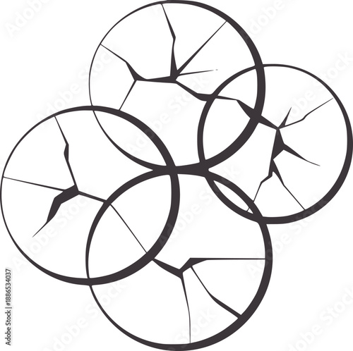 Four overlapping cracked circles with dark gray lines abstract