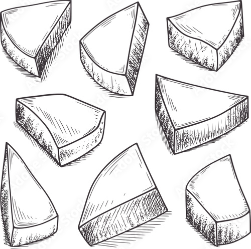 Hand drawn of wedge shaped cheese pieces food dairy handdrawn vintage