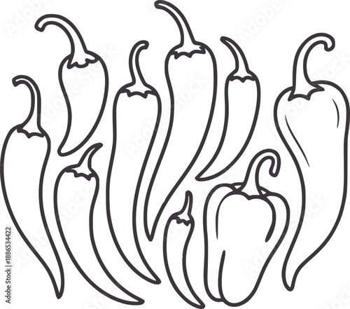 Minimalist style of assorted chili peppers and bell pepper outline