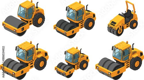Set of yellow isometric road roller vehicles for construction and roadwork, heavy machinery equipment icons for civil engineering and asphalt paving vector illustration