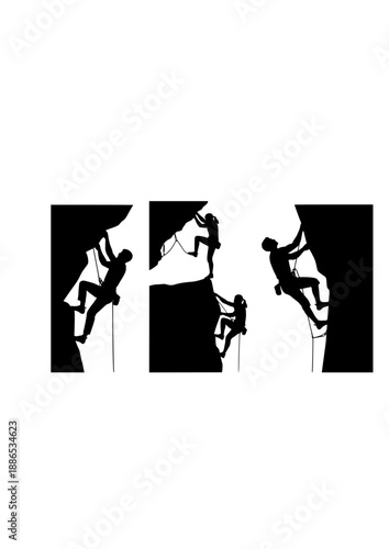 Extreme Rock Climbing Silhouette, Bouldering on Overhang, Professional Athlete Mountaineering and Outdoor Strength Vector Illustration