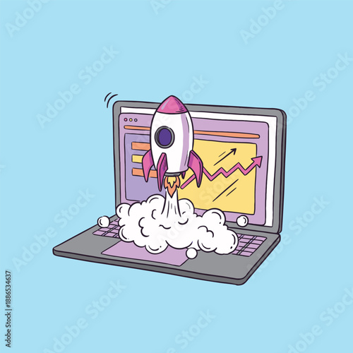 фотографія vector cartoon illustration of digital startup launch and business growth visual