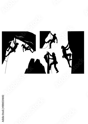 Extreme Rock Climbing Silhouette, Bouldering on Overhang, Professional Athlete Mountaineering and Outdoor Strength Vector Illustration