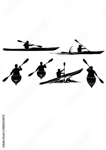 Sea Kayaking Adventure Silhouette, Solo Kayak Expedition in Open Water, Professional Paddling and Outdoor Watersports Vector Graphic