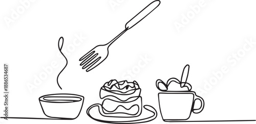 Breakfast setting with coffee cup, cake, and utensils on a table from a straightforward viewpoint
