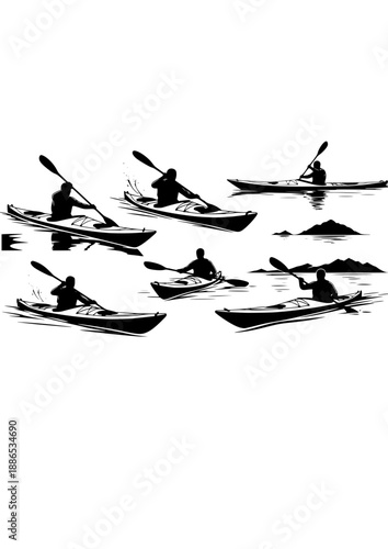 Sea Kayaking Adventure Silhouette, Solo Kayak Expedition in Open Water, Professional Paddling and Outdoor Watersports Vector Graphic