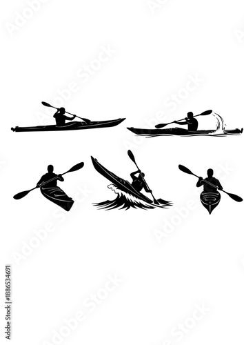 Sea Kayaking Adventure Silhouette, Solo Kayak Expedition in Open Water, Professional Paddling and Outdoor Watersports Vector Graphic