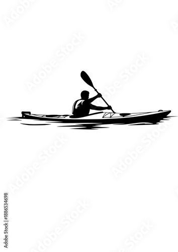 Sea Kayaking Adventure Silhouette, Solo Kayak Expedition in Open Water, Professional Paddling and Outdoor Watersports Vector Graphic