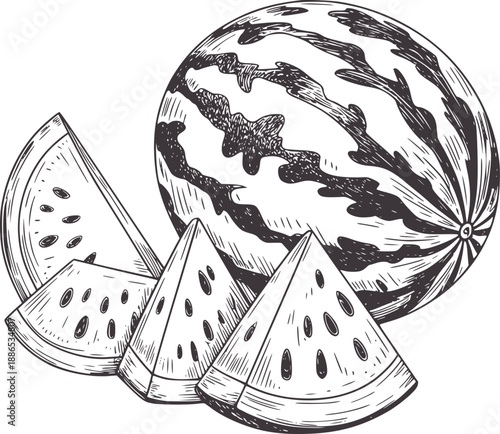 Pen ink of whole watermelon and slices fruit