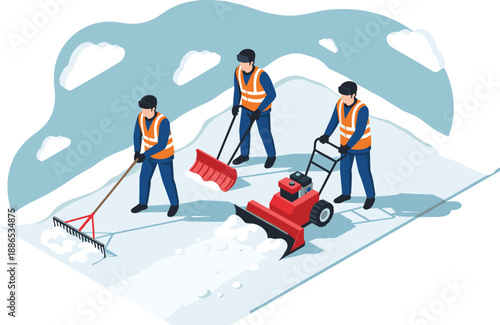 Snow removal workers in winter landscape, team clearing icy surface with shovel, rake, and snow blower, outdoor maintenance illustration, seasonal vector design
