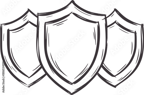 Three hand drawn grey shields overlapping security protection defense emblem