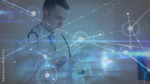 Animation of graphical moving dots connecting with lines over caucasian doctor using digital tablet