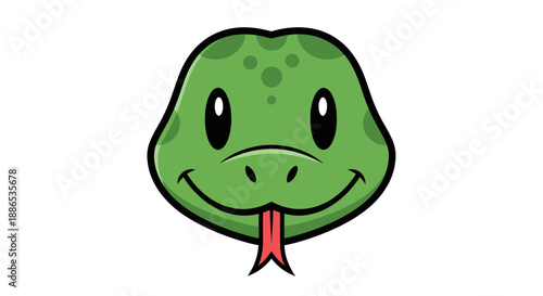 Cute Green Cartoon Snake Head with Forked Tongue.