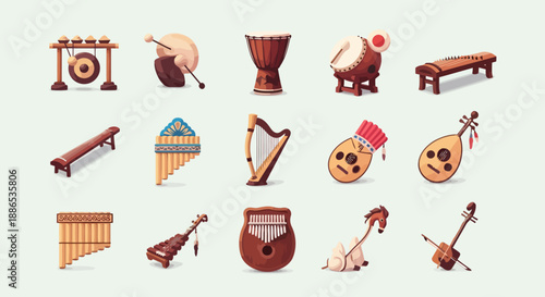 A collection of 12 colorful 3D-style icons featuring traditional musical instruments from various cultures, arranged neatly in one frame on a clean background.