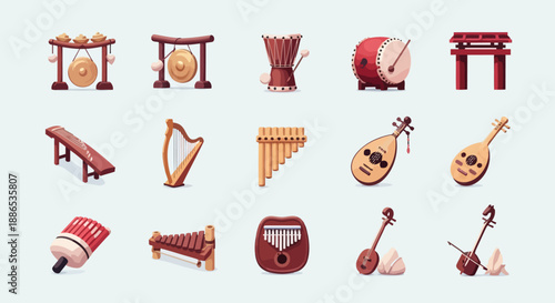 A set of 15 colorful 3D-style icons featuring traditional musical instruments from different cultures, neatly arranged on a clean light background. Ideal for music education, cultural content