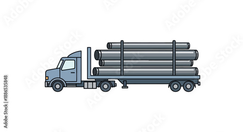 Cartoon Flatbed Truck Transporting Large Industrial Pipes Illustration.